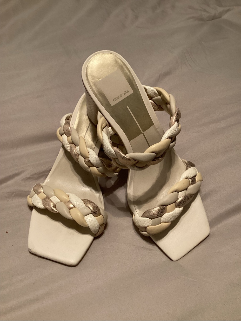 Dolce Vita Two-Tone Braided Slide Sandals in Cream and Taupe